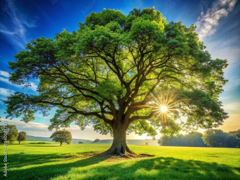 Fototapeta premium Majestic Tree in a Serene Landscape with Lush Greenery and Clear Blue Sky - Nature's Beauty Captured
