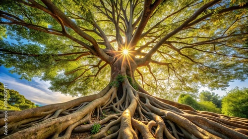 Medium shot of roots entwined reaching towards the sky