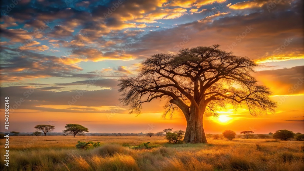 Medium shot of sunset in African savannah with baobab tree Medium shot of sunset in African savannah with baobab tree
