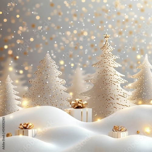 Winter christmas composition in paper cut style ,white and gold style