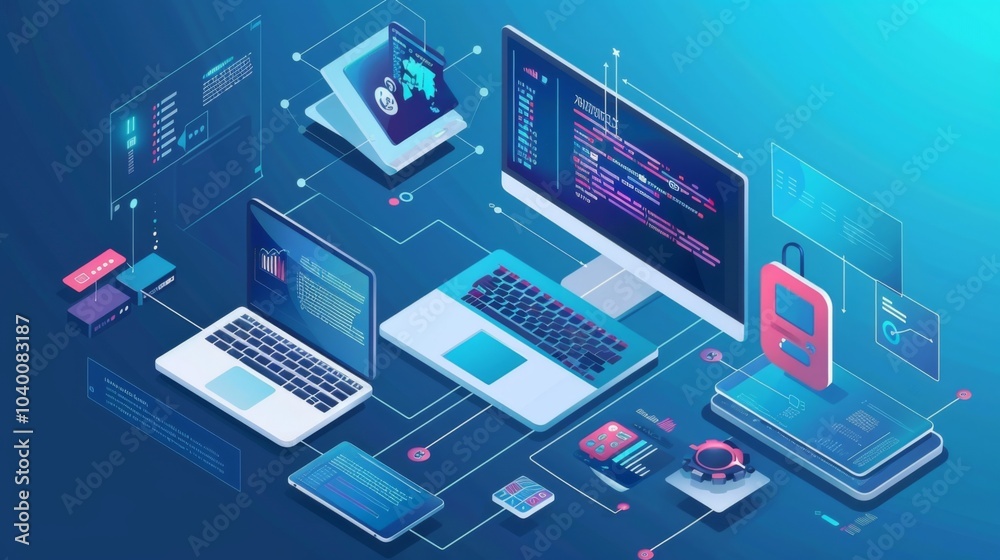 Exploring the dynamic world of information technology through a vibrant flat design showcasing devices and coding elements