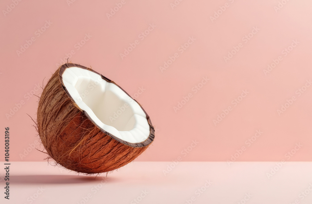 A half coconut on the left in the image, a place for text on the right, a smooth pink background, shooting in the studio. A half coconut on the left in the image, a place for text on the right, a smooth pink background, shooting in the studio.