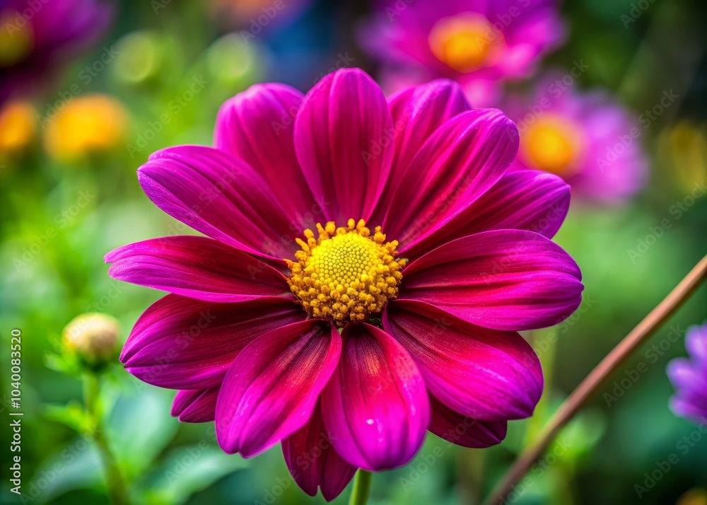 Vibrant Magenta Flower with Yellow Center in Garden Vibrant Magenta Flower with Yellow Center in Garden