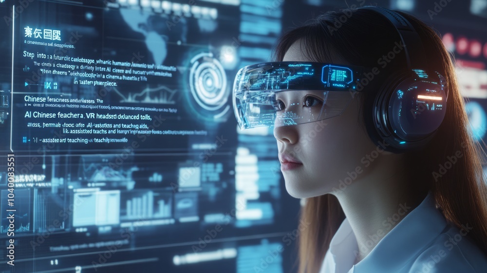 Young asian woman wearing smart glasses. Wearable device.
Young asian woman wearing smart glasses. Wearable device.