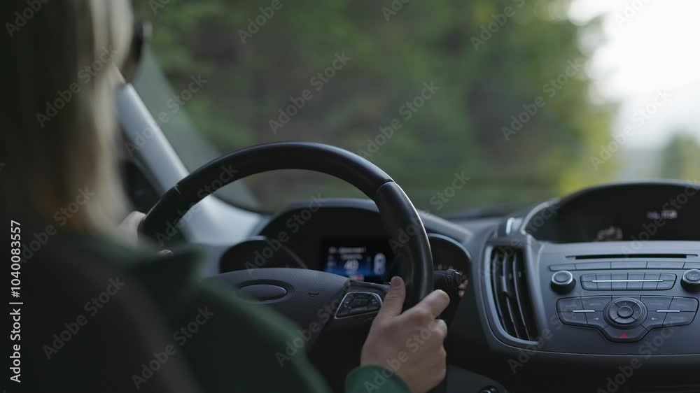 Woman Drives Through Scenic Landscape With Mountains in Background, Enjoying Beautiful Day on the Open Road. Woman takes control of her car while driving through stunning landscape Woman Drives Through Scenic Landscape With Mountains in Background, Enjoying Beautiful Day on the Open Road. Woman takes control of her car while driving through stunning landscape