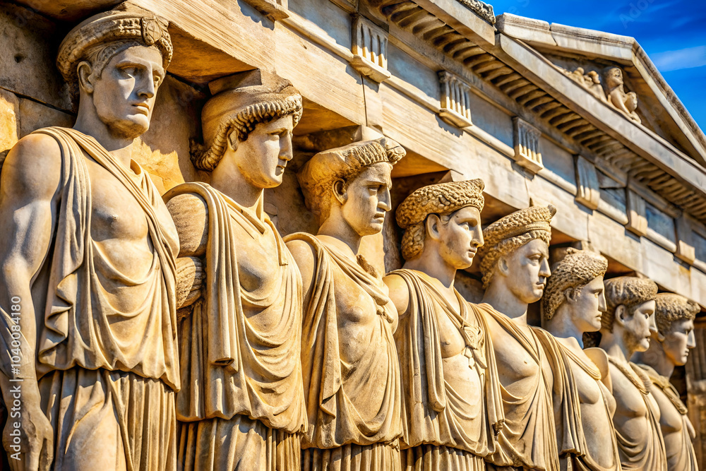 A row of ancient Greek statues stands against a blue sky, showcasing classical architecture and artistry in stone. A row of ancient Greek statues stands against a blue sky, showcasing classical architecture and artistry in stone.