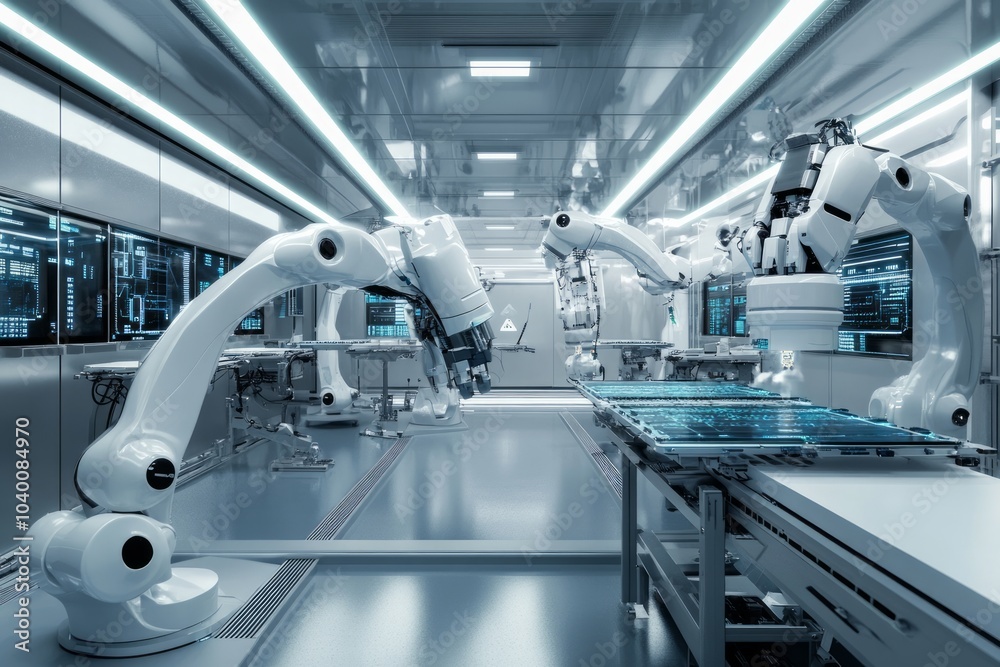 Obraz premium Modern High Tech Authentic Robot Arm, futuristic high tech laboratory, 