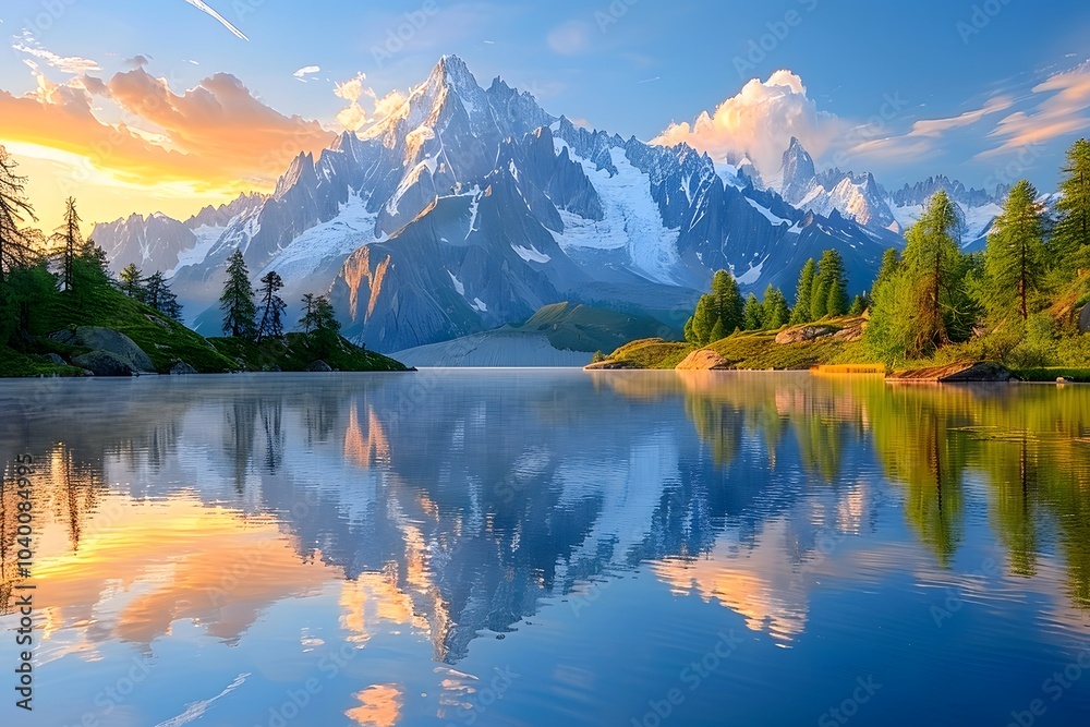 Serene Mountain Landscape at Sunset with Reflections on Calm Waters Serene Mountain Landscape at Sunset with Reflections on Calm Waters