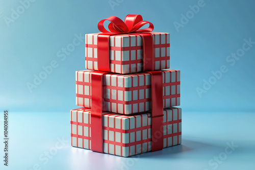  Stack of red and white striped Christmas gifts with a red bow on blue background