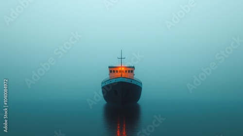 A solitary ship emerges from a thick fog, glowing warmly against the muted gray backdrop of the calm water. photo