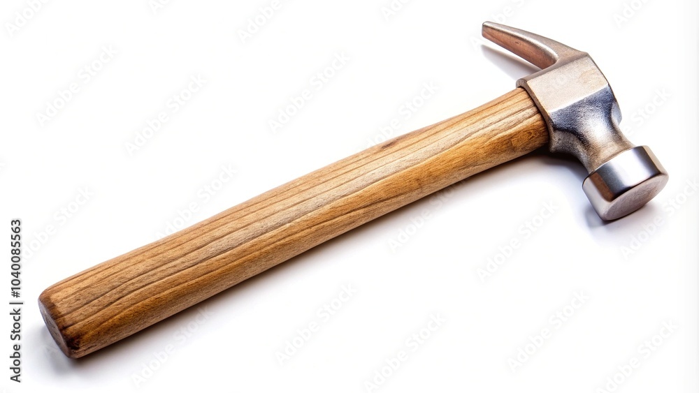 Metal hammer with wooden handle isolated on white background, with selective focus on the hammer head Metal hammer with wooden handle isolated on white background, with selective focus on the hammer head