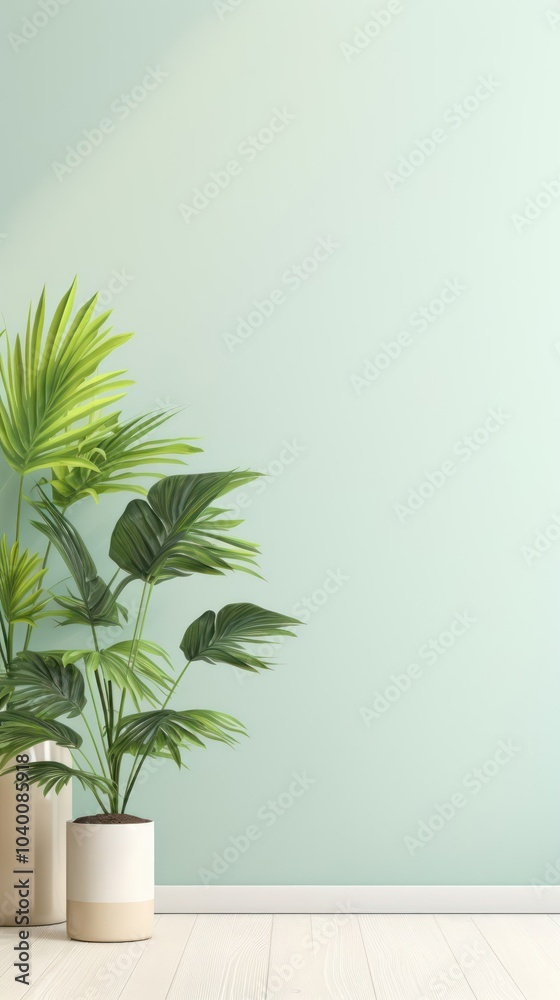 Green plants on the background of a light pastel wall, in the center there is a place for text Green plants on the background of a light pastel wall, in the center there is a place for text