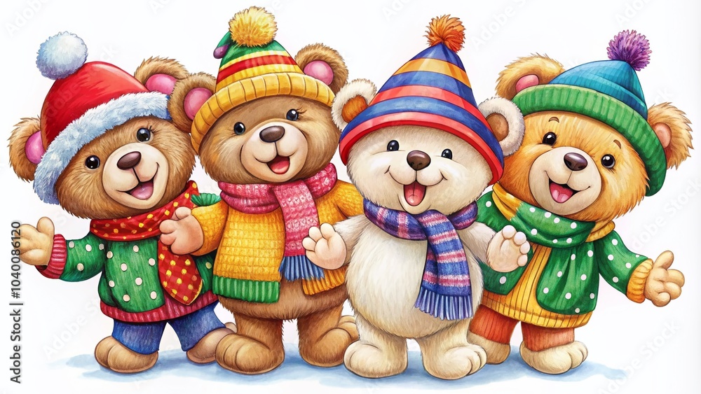 Merry Christmas Cartoon Bear Collection in Scarves and Hats on White Background for Festive Illustrations Merry Christmas Cartoon Bear Collection in Scarves and Hats on White Background for Festive Illustrations