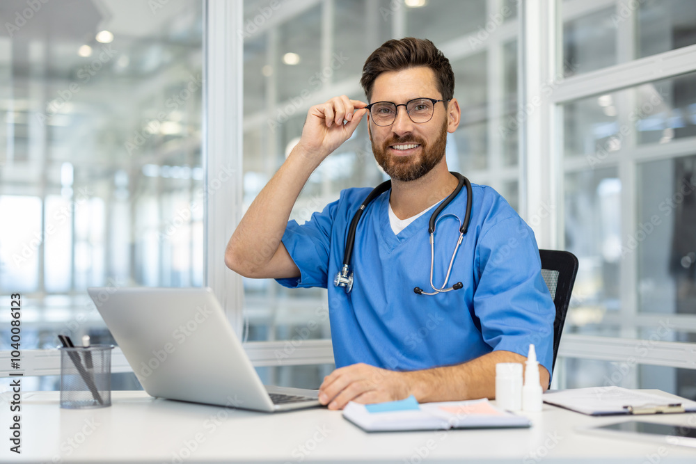 Smiling healthcare professional in blue medical scrubs at modern office with laptop. Stethoscope around neck, adjusting glasses, conveying professionalism, warmth, competence Smiling healthcare professional in blue medical scrubs at modern office with laptop. Stethoscope around neck, adjusting glasses, conveying professionalism, warmth, competence