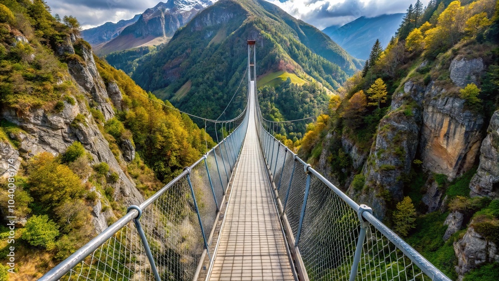 Obraz premium Metal suspension bridge in Himalayan mountains trail, high angle view