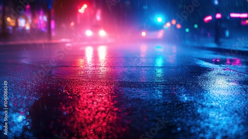 3D visual of an aged asphalt street, wet and glistening under neon lights, with smoke swirling in the dark backdrop.