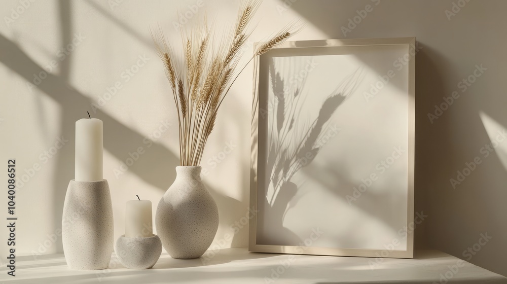 Minimalist decor featuring vases, candles, and a blank frame. Minimalist decor featuring vases, candles, and a blank frame.