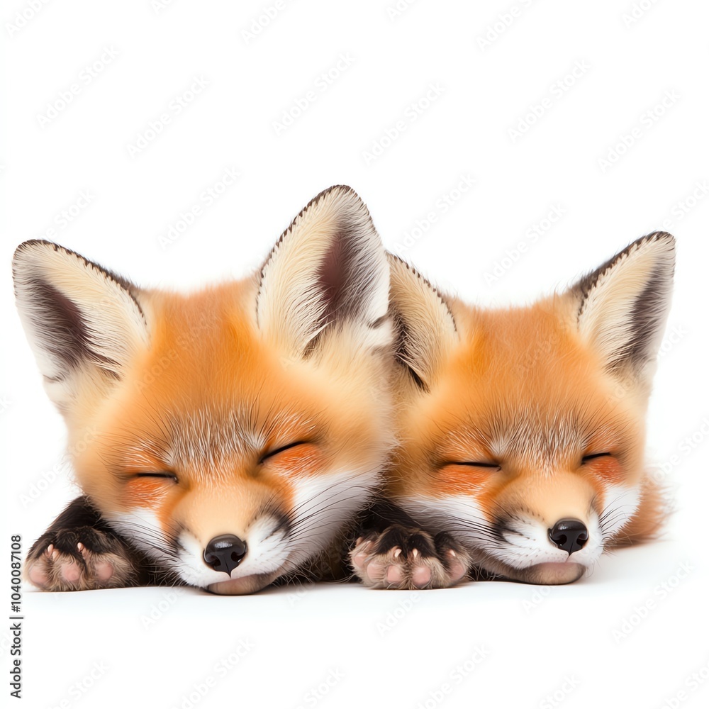 Obraz premium Two adorable foxes sleeping side by side, showcasing their soft fur and peaceful expressions in a minimalist setting.