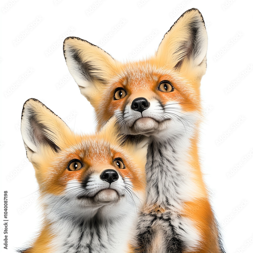 Fototapeta premium Two curious foxes with vibrant orange fur and bright eyes, depicting a playful and lively expression against a plain background.
