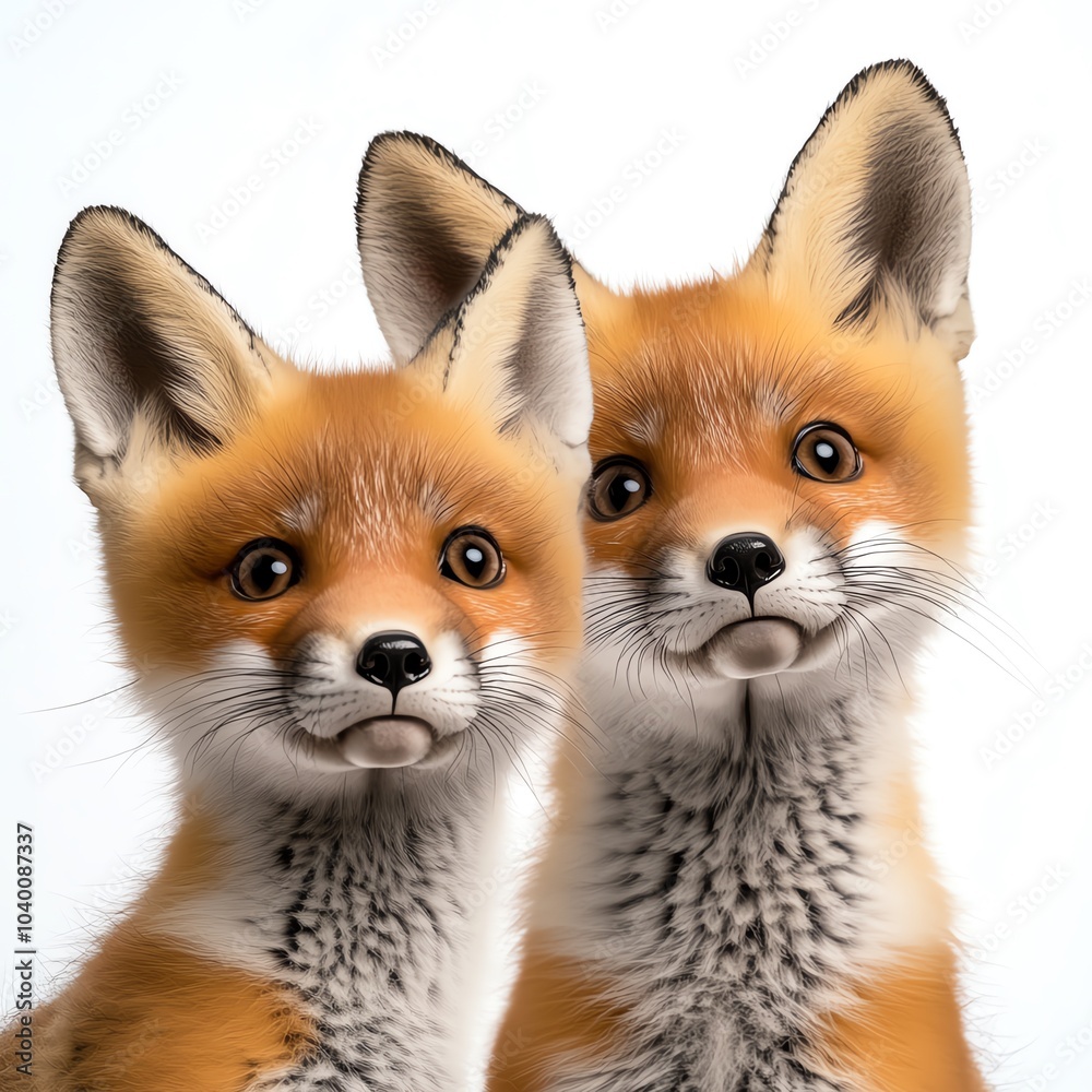 Fototapeta premium Two adorable foxes with bright eyes and fluffy fur, standing close together, presenting a charming and playful expression.