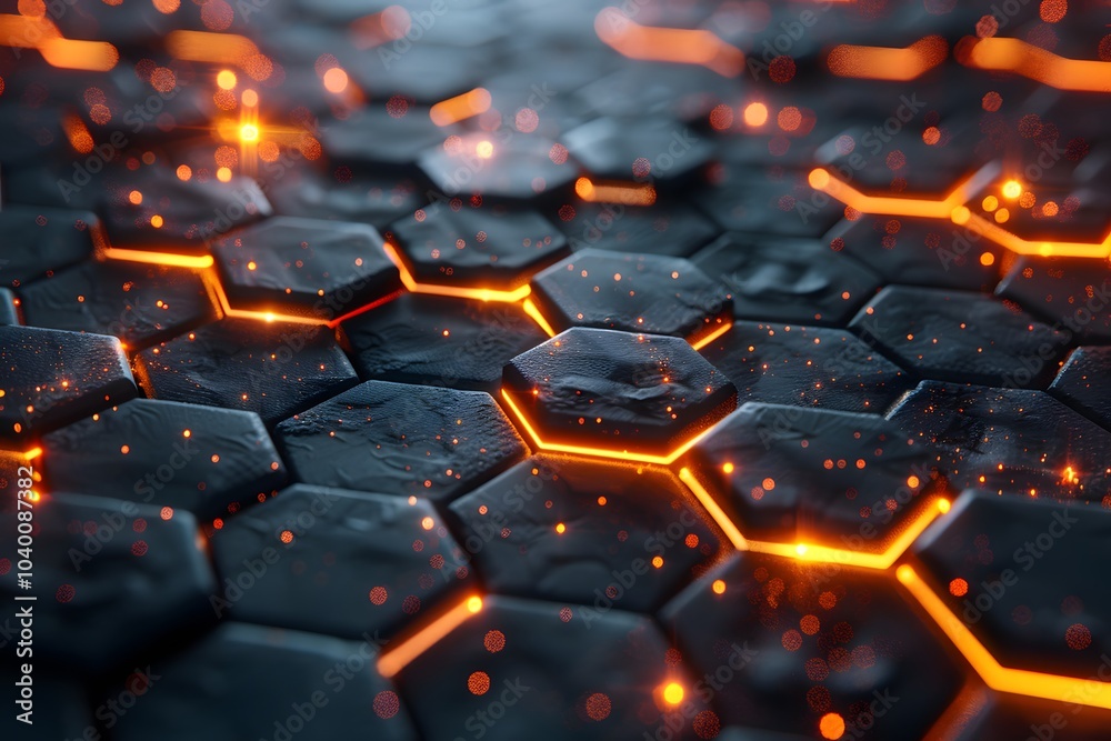 Obraz premium Glowing Hexagonal Patterns with Fiery Accents on a Dark Surface