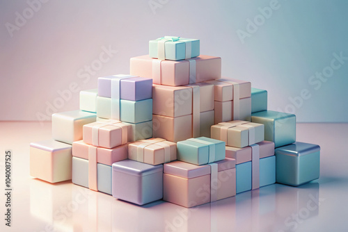  Stack of pastel gift boxes in various sizes on a reflective surface