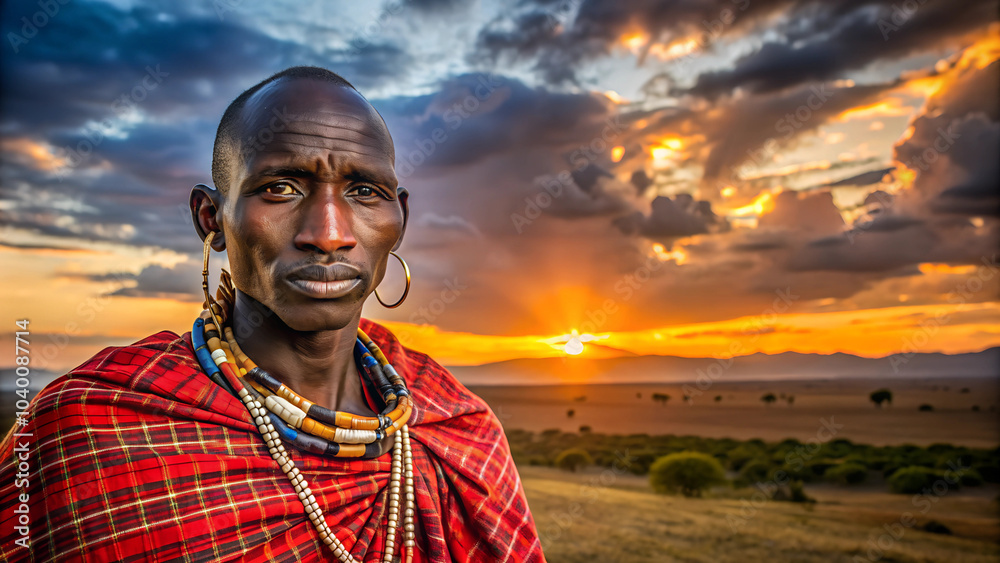 Maasai tribe of Kenya. Portrait of a man of the Maasai African tribe. Sunset sky clouds landscape blurred background. Copy space. Maasai tribe of Kenya. Portrait of a man of the Maasai African tribe. Sunset sky clouds landscape blurred background. Copy space.