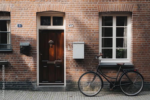 front view brick house with dark brown door, window and black bike next to the wall