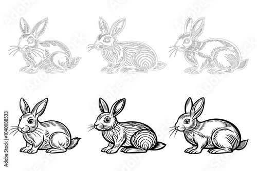 Various Illustrated Styles of Rabbits Showcasing Line Art and Detailed Designs