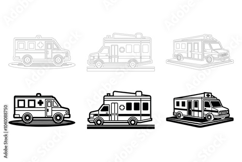 Line Art Illustrations of Various Ambulances in Diverse Styles and Angles