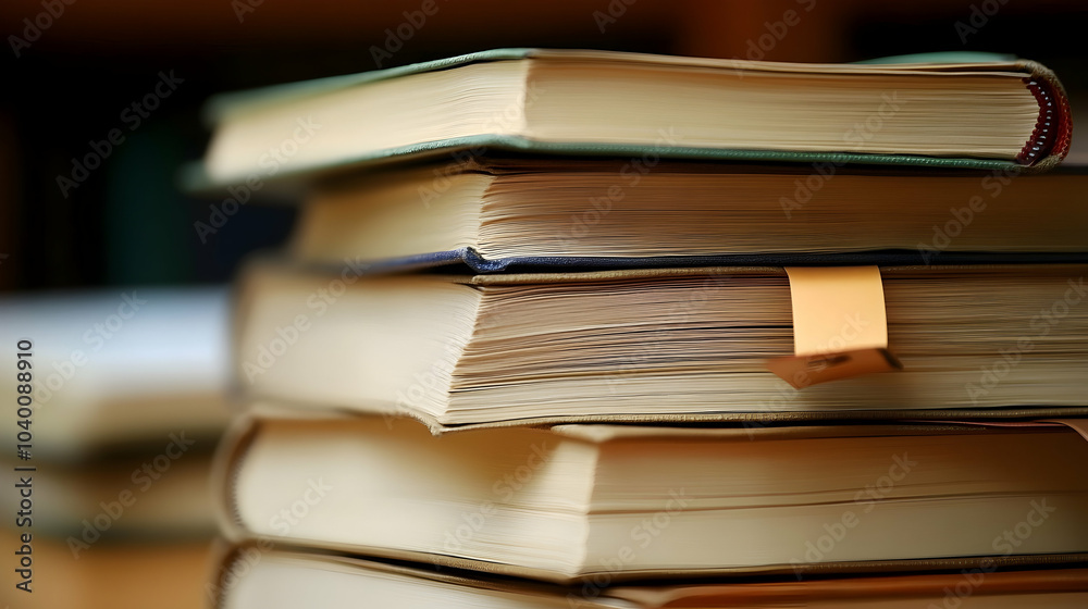 A Stack of Thick Textbooks with Colorful Bookmarks on a Wooden Surface A Stack of Thick Textbooks with Colorful Bookmarks on a Wooden Surface