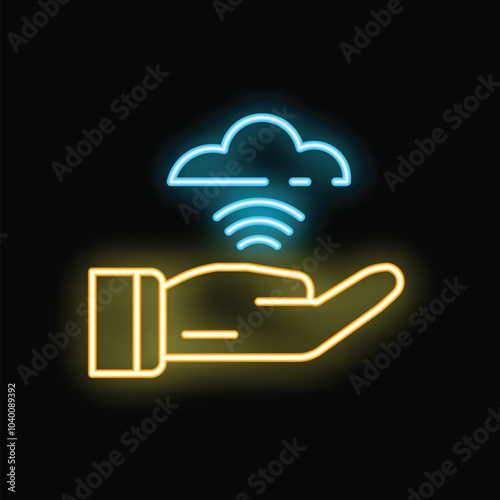 Neon illustration representing the concept of cloud computing services being held in the palm of a businessman's hand