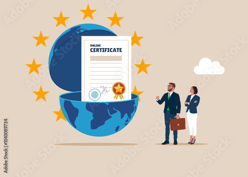 Business people open globe to see certificate and award paper. Prize and appreciation concept, best graduate, cum laude. Flat Vector illustration.