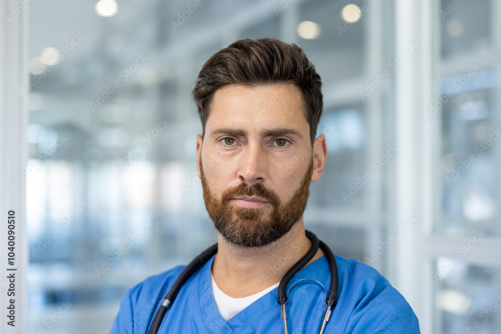 Confident male doctor with beard in blue scrubs and stethoscope in modern hospital setting. Direct eye contact conveys professionalism, dedication, expertise, and trust in medical field. Confident male doctor with beard in blue scrubs and stethoscope in modern hospital setting. Direct eye contact conveys professionalism, dedication, expertise, and trust in medical field.