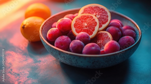 A Minimalist Bowl of Fresh Fruit on a Soft Pastel Gradient Background Perfect for Health and Wellness Promotions or Culinary Arts