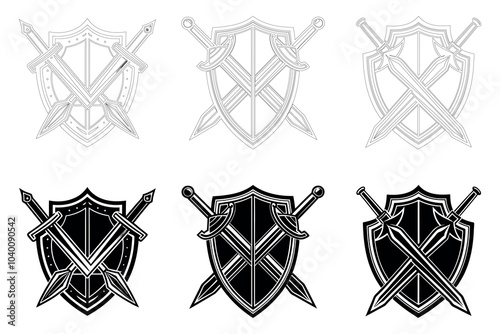 Illustration of Swords Crossed Over Shields in Various Styles Showcasing Medieval Weaponry