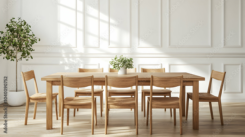 Obraz premium Scandinavian-Style Wooden Dining Table with Matching Chairs in a Modern Interior Setting