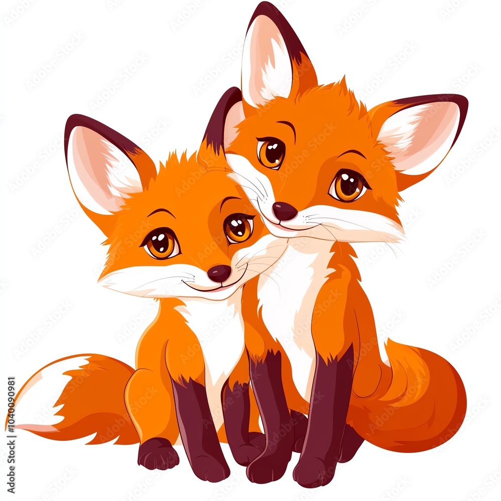 Obraz premium Two friendly, cartoonish foxes sit together, showcasing their bright orange fur and playful expressions.