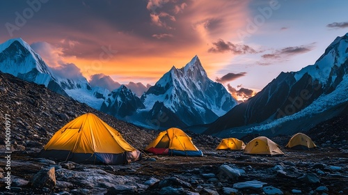 Dramatic Himalayan mountain landscape at twilight with a remote campsite illuminated by glowing flashlights creating an atmospheric and serene outdoor adventure scene