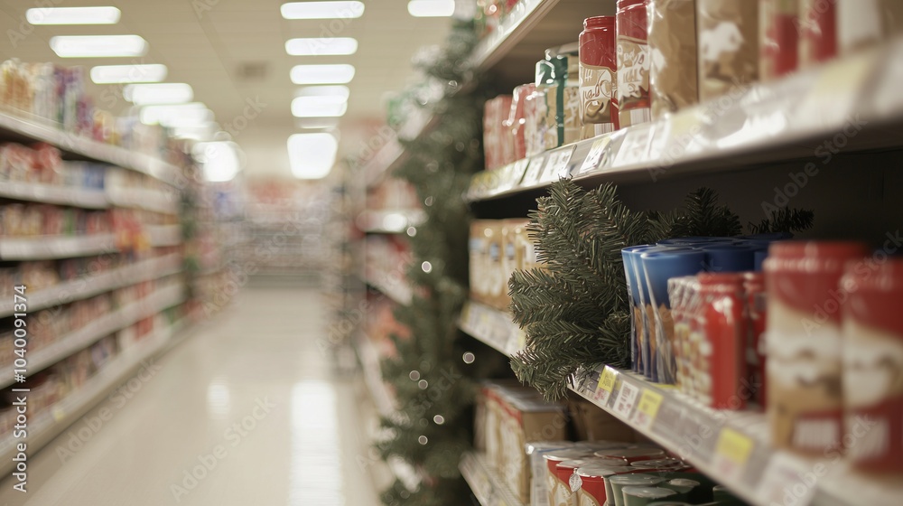 Fototapeta premium Holiday Grocery Store Aisle With Discounted Products