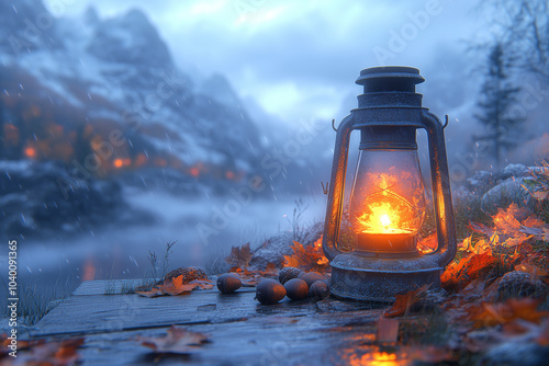 lanterne, lampe à pétrole, flamme, hiver, brume, paysage, froid  photo