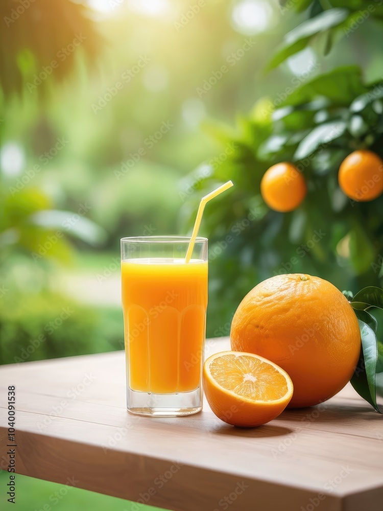 Naklejka premium ORANGE JUICE ON THE TABLE WITH A BEAUTIFUL VIEW