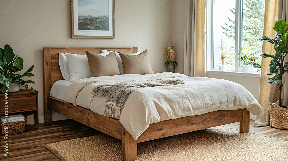 Fototapeta premium Cozy Neutral Bedroom Featuring a Simple Wooden Bed Frame with Soft Bedding