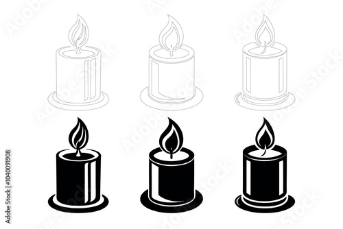 Simple Candle Illustrations Showcasing Various Styles in Black, White, and Gray Tones