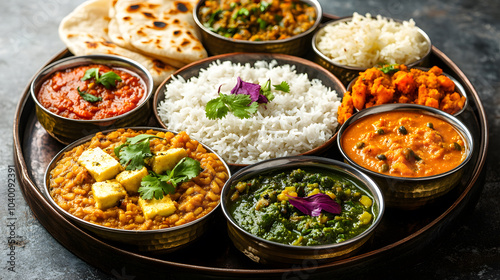 A vibrant Thali plate featuring a variety of Indian dishes like dal, paneer, rice, pickles, and roti, arranged in small bowls on a round metal tray, showcasing a complete Indian meal