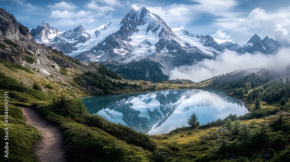 Majestic snow capped mountain range with rugged peaks piercing through the clouds reflecting in the pristine alpine lake below Hiking trail winds through the evergreen forest Majestic snow capped mountain range with rugged peaks piercing through the clouds reflecting in the pristine alpine lake below Hiking trail winds through the evergreen forest
