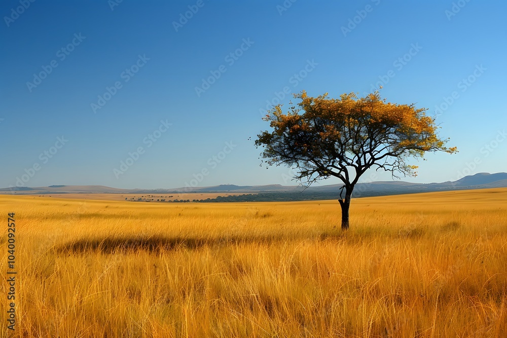 Serene Landscape with a Lone Tree in Golden Grasslands Under a Clear Blue Sky