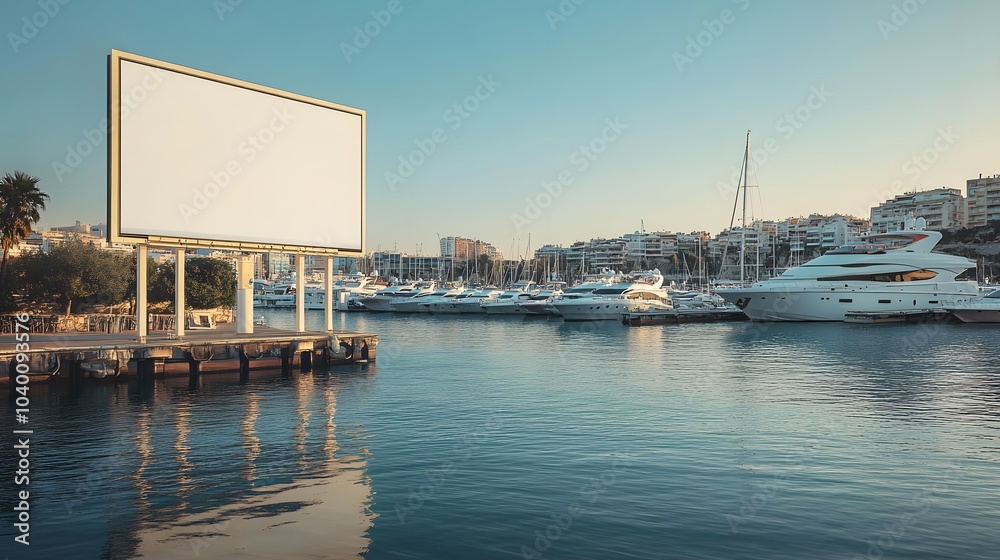 Blank billboard mockup at a marina, with boats and yachts docked in the water.
