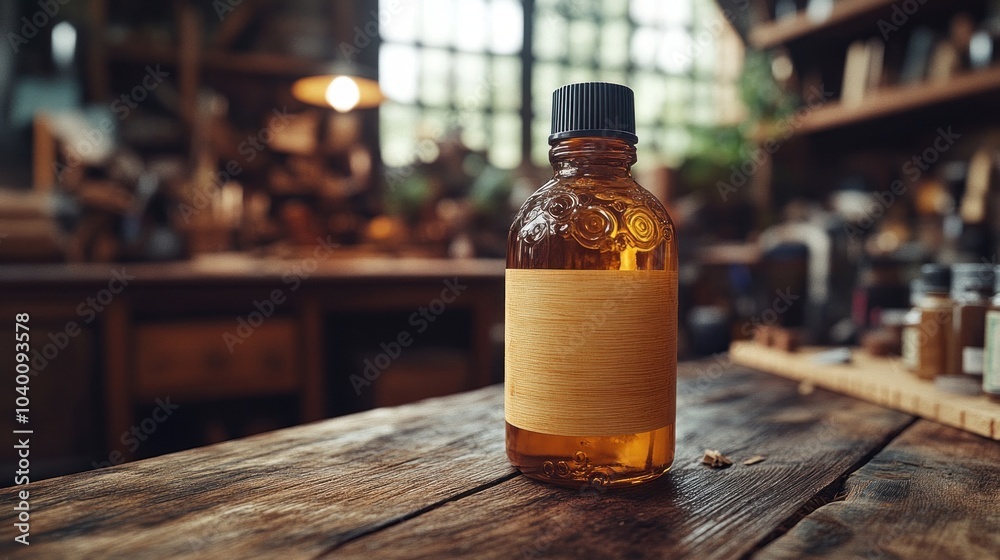 Glass bottle with a blank label on a wooden table in a workshop. Glass bottle with a blank label on a wooden table in a workshop.