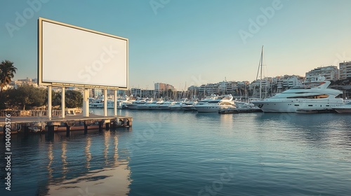 Obraz na płótnie Blank billboard mockup at a marina, with boats and yachts docked in the water. w salonie